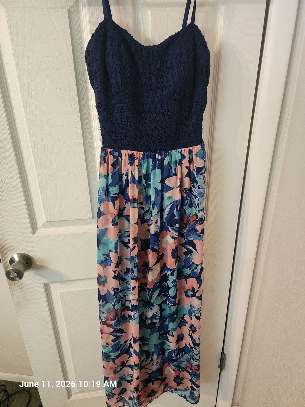 Floral Navy and Pink Maxi Dress with Smocked Bodice